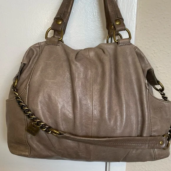HOBO Taupe Leather Shoulder Bag with Chain-Accent Strap - Picture 2 of 12